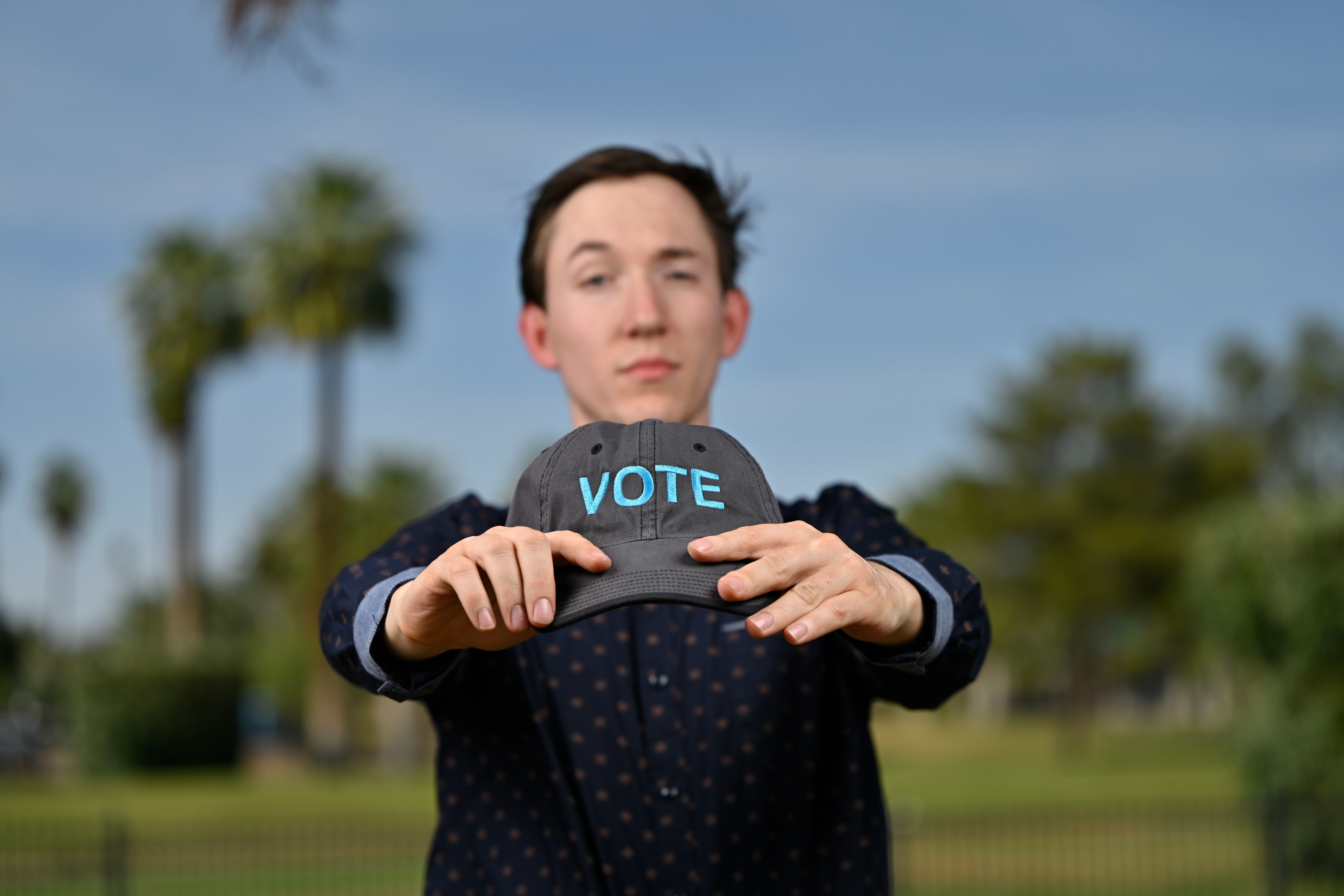 Eric Stafford State Senator Candidate Holding Vote Hat